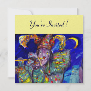 FLUTIST IN BLUE ,gold metallic paper Invitation