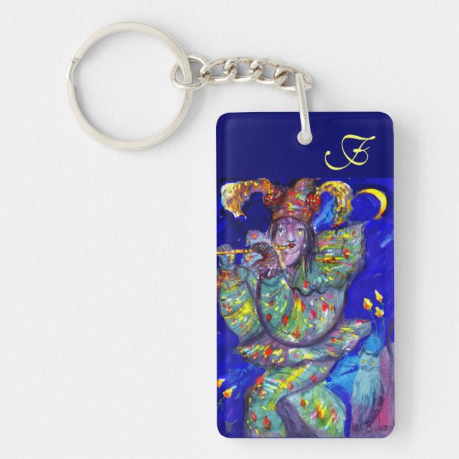 FLUTIST IN BLUE MONOGRAM / Venetian Carnival Night Key Ring (Front)