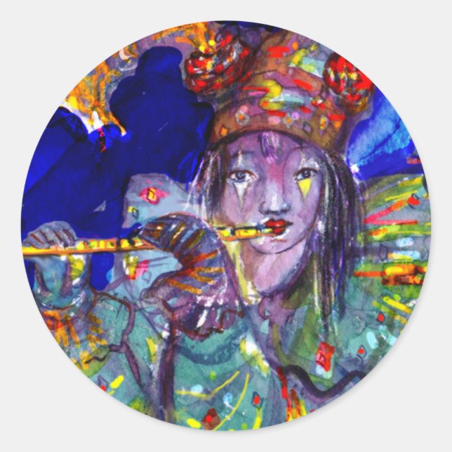 FLUTIST IN BLUE / Venetian Carnival Night Classic Round Sticker (Front)