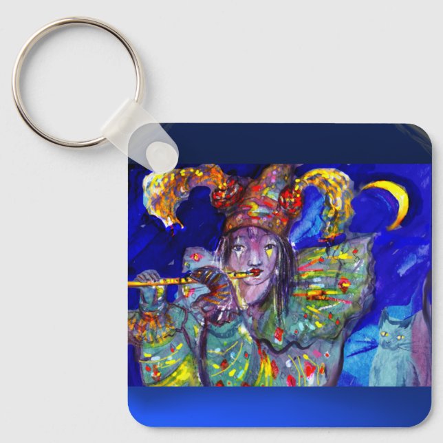 FLUTIST IN BLUE / Venetian Carnival Night Key Ring (Front)