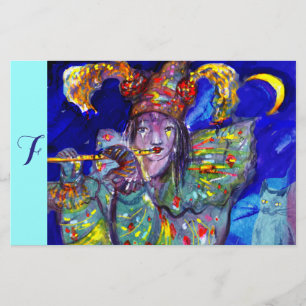 FLUTIST IN BLUE / Venetian Carnival Night Monogram Stationery