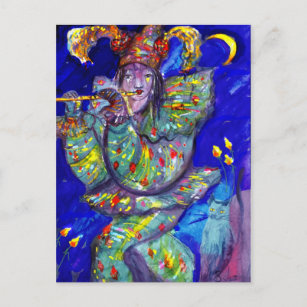 FLUTIST IN BLUE / Venetian Carnival Night Postcard