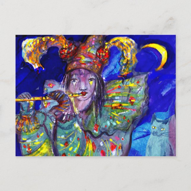 FLUTIST IN BLUE / Venetian Carnival Night Postcard (Front)