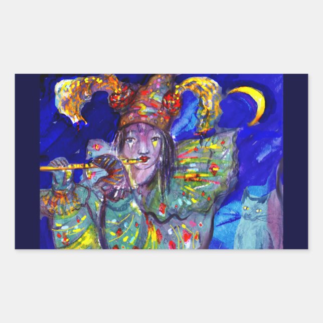 FLUTIST IN BLUE / Venetian Carnival Night Rectangular Sticker (Front)