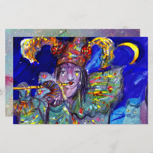 FLUTIST IN BLUE / Venetian Carnival Night Statione Stationery (Front/Back)