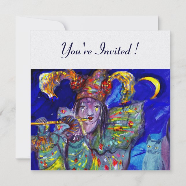 FLUTIST IN BLUE Venetian Carnival Pearl Invite (Front)