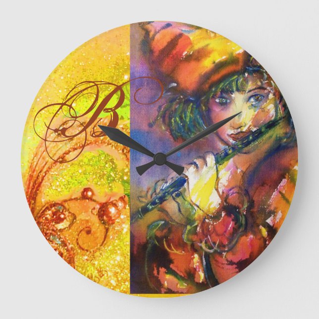 FLUTIST PORTRAIT / Venetian Masquerade Monogram Large Clock (Front)