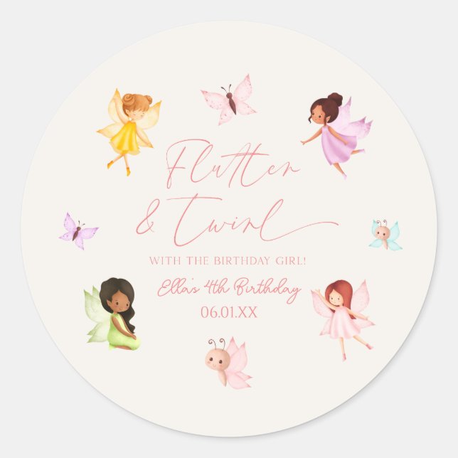 Flutter and Twirl Enchanted Fairy Birthday Party Classic Round Sticker (Front)