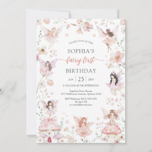 Flutter and Twirl Fairy First 1st Birthday Invitation