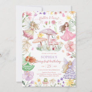 Flutter and Twirl Fairy First 1st Birthday Invitation