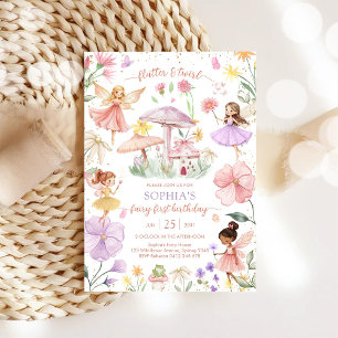 Flutter and Twirl Fairy First 1st Birthday Invitation