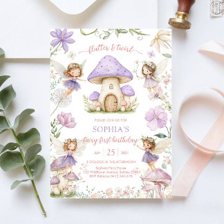 Flutter and Twirl Fairy First 1st Birthday Invitation