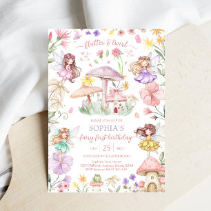 Flutter and Twirl Fairy First 1st Birthday Invitation