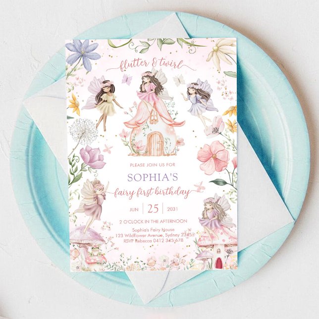 Flutter and Twirl Fairy First 1st Birthday Invitation (Creator Uploaded)