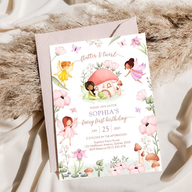 Flutter and Twirl Fairy First 1st Birthday Invitation (Creator Uploaded)