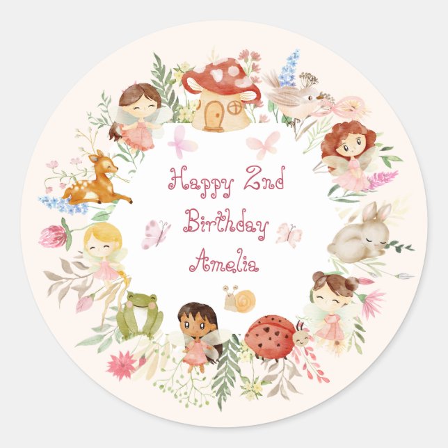 Flutter and Twirl Fairy Garden Birthday Classic Round Sticker (Front)