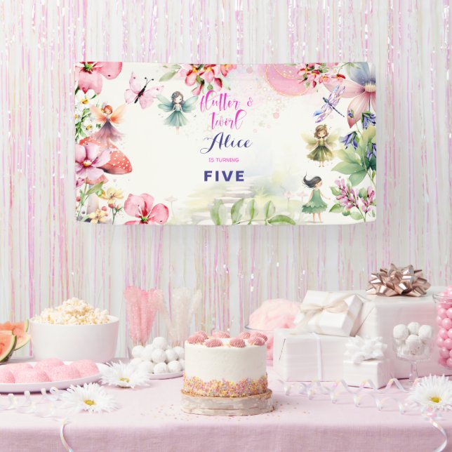 Flutter and twirl Fairy garden watercolor birthday Banner (Party)