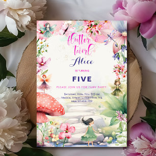 Flutter and twirl Fairy garden watercolor birthday Invitation