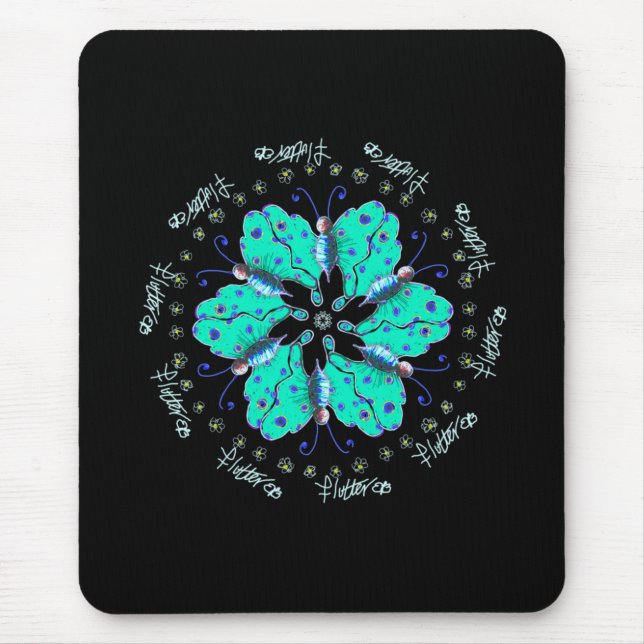 Flutter aqua blue butterfly mandala mouse mat (Front)