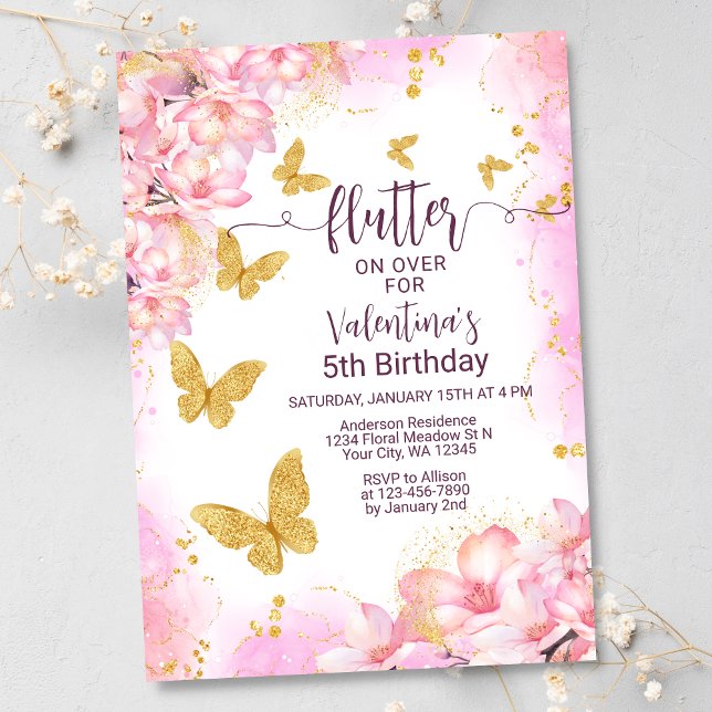 Flutter Gold Butterfly Pink Flowers Girls Birthday Invitation (Creator Uploaded)