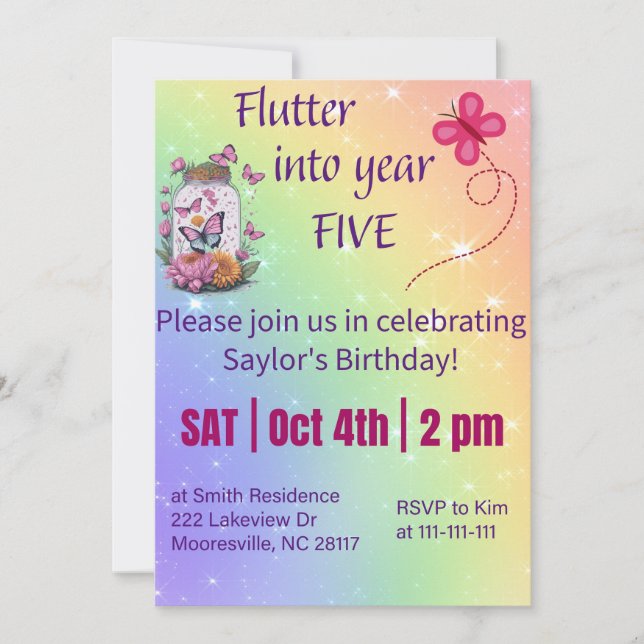 flutter into year five invitation (Front)