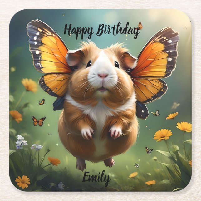 "Flutter Paws: The Guinea Pig Takes Flight" Square Paper Coaster (Front)