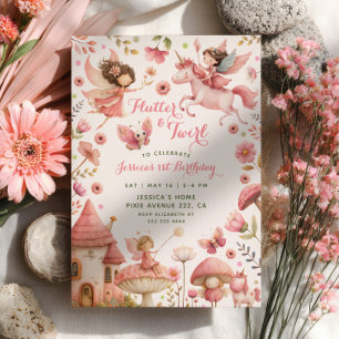 Flutter& Twirl Unicorn Fairy 1st Birthday Party Invitation