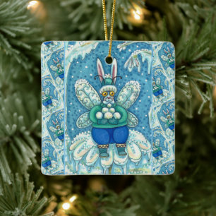 FLUTTERBUN WINTER WONDERLAND, FUNNY BUNNY RABBIT CERAMIC ORNAMENT