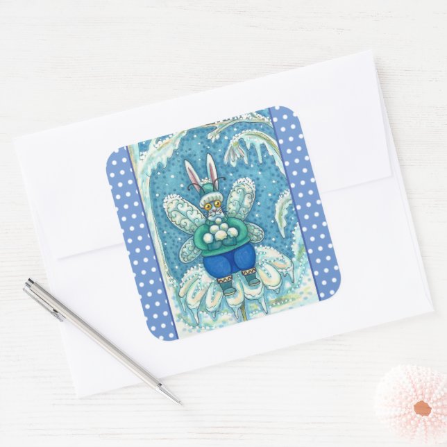 FLUTTERBUN WINTER WONDERLAND, FUNNY BUNNY RABBIT SQUARE STICKER (Envelope)