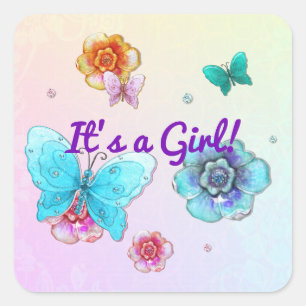 Flutterby Graffiti Jewelled ITS A GIRL Square Sticker