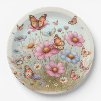Fluttering Butterflies on Flowers on round plate