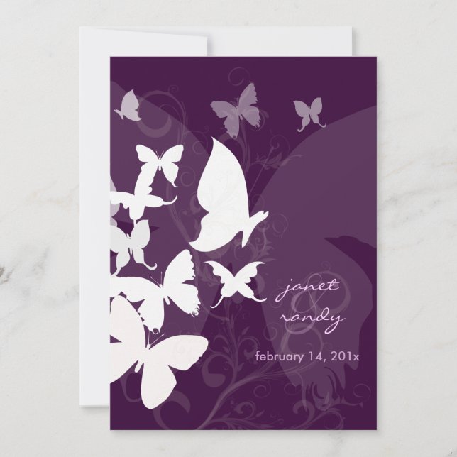Fluttering by... butterflies white/plum 5x7 invits invitation (Front)