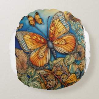 "Fluttering Elegance: Red and Yellow Butterfly Rou Round Cushion