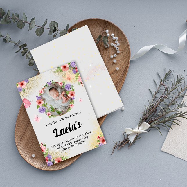Fluttering Faith: Modern Butterfly Baptism Photo  Invitation (Modern Butterfly Baptism Photo Invitation)