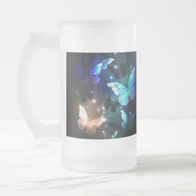 Fluttering Night Butterfly Frosted Glass Beer Mug (Left)