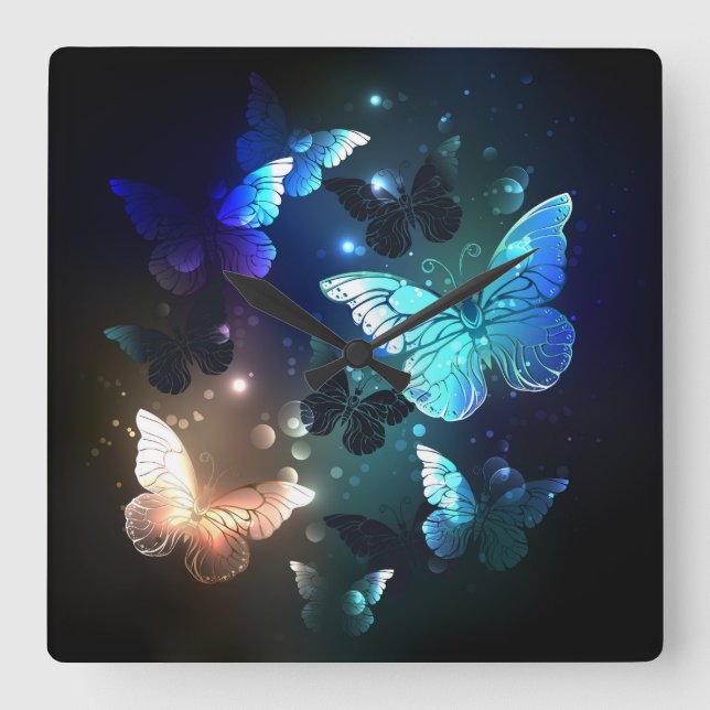 Fluttering Night Butterfly Square Wall Clock (Front)