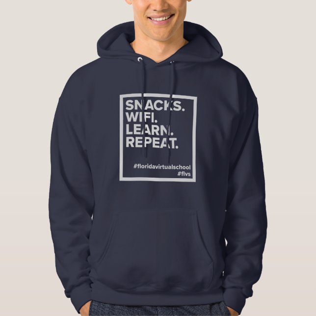 FLVS Snacks. Wifi. Learn. Repeat. Navy Hoodie (Front)