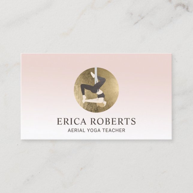 Fly Aerial Yoga Instructor Gold Logo Blush Pink Business Card (Front)