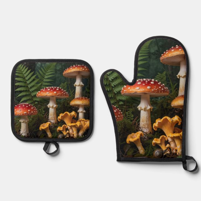 Fly Agaric Mushrooms Forest Botanical Oven Mitt & Pot Holder Set (Front)