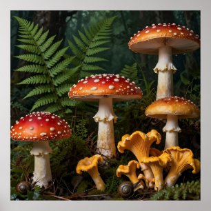 Fly Agaric Mushrooms Forest Botanical Poster