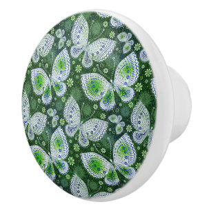 Fly Away Paisley Butterfly Print Green Ceramic Knob