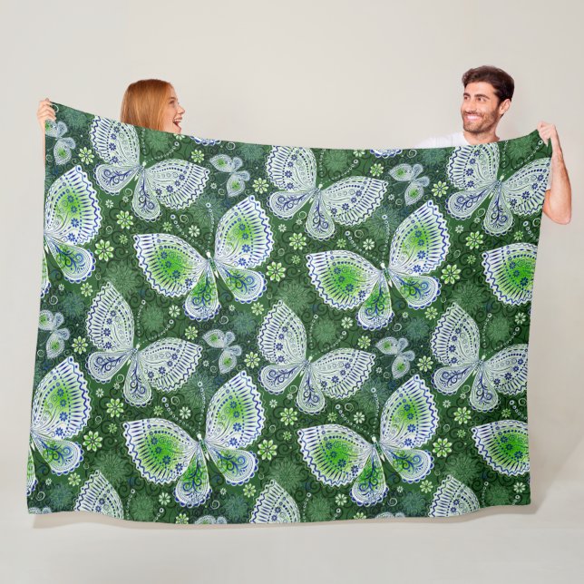 Fly Away Paisley Butterfly Print Green  Fleece Blanket (In Situ)