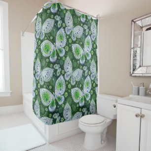Fly Away Paisley Butterfly Print Green  Shower Curtain