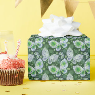 Fly Away Paisley Butterfly Print Green Wrapping Paper