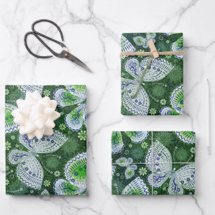 Fly Away Paisley Butterfly Print Green  Wrapping Paper Sheet