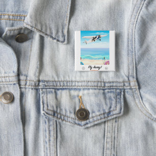 Fly away vintage cartoon travel poster 15 cm square badge