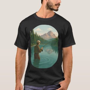 Fly fisher casting in teal lake with jagged mounta T-Shirt