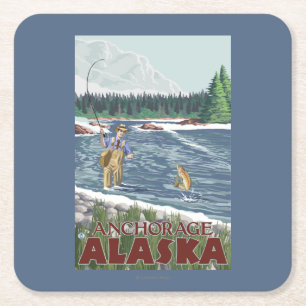 Fly Fisherman - Anchorage, Alaska Square Paper Coaster