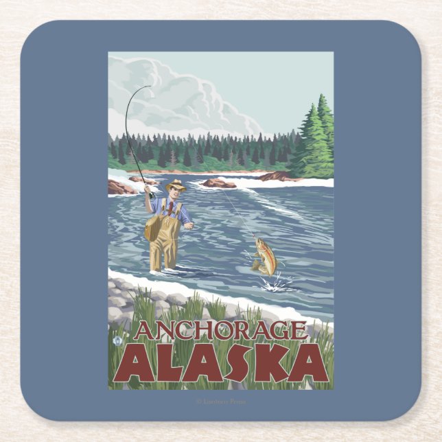 Fly Fisherman - Anchorage, Alaska Square Paper Coaster (Front)