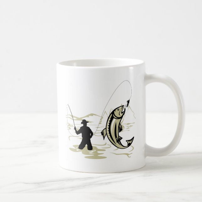Fly fisherman casting reel with fishing lure bait coffee mug (Right)
